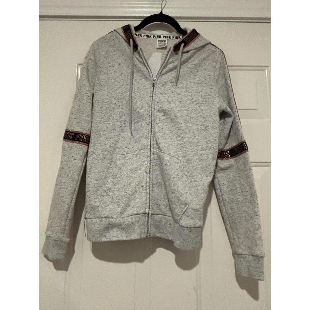 Women's sz XS vintage grey‎ PINK hoodie with pink sequins zip up #1349